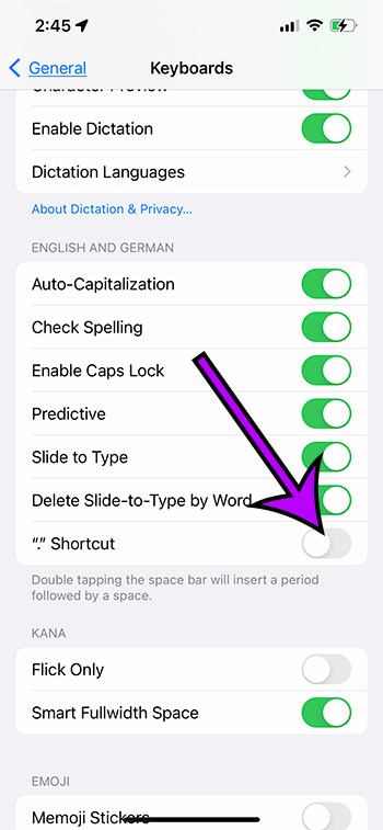 how to turn off the double space period shortcut on an iPhone 13