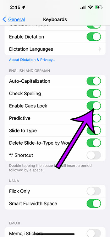 how to enable iPhone 13 Caps Lock