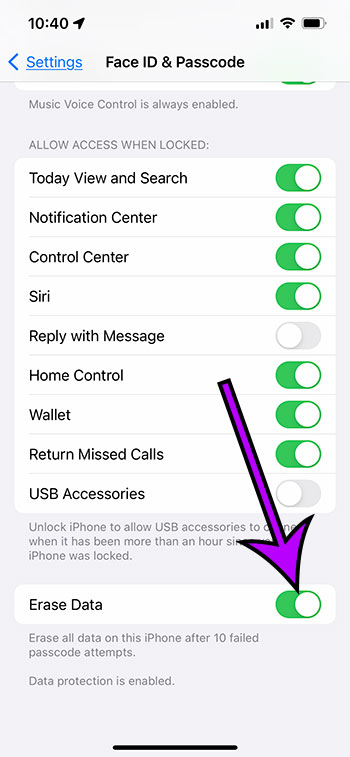 how to erase data after 10 failed passcode attempts on an iPhone 13