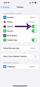 how to give Chrome camera permissions on an iPhone 13