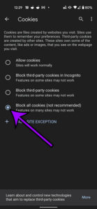 How to block all cookies in chrome in android 11