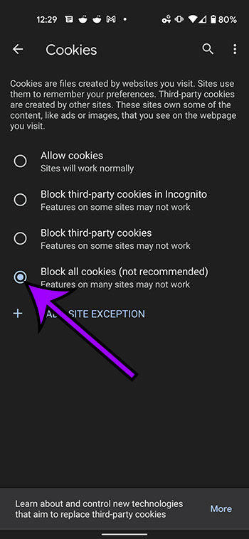 How to block all cookies in chrome on a google pixel 4a