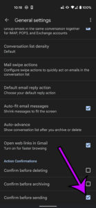 How to confirm before sending in gmail on a pixel 4a