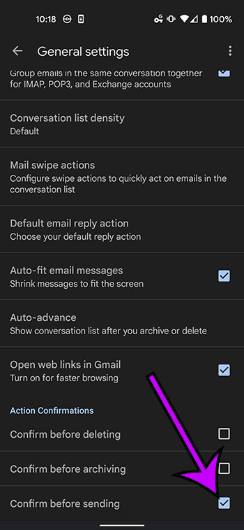How to enable send confirmations in gmail on a google pixel 4a