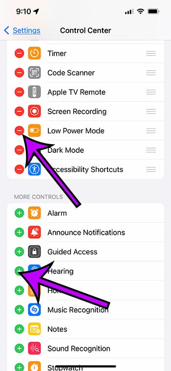 How to remove an item from the control center on an iphone 13