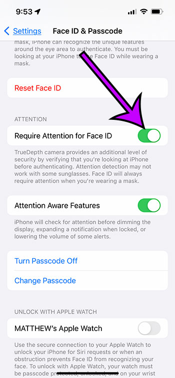how to require attention for Face ID on an iPhone 13