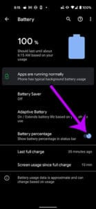 Show battert as a number on the pixel 4a