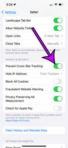 how to turn off Safari cross site tracking on an iPhone