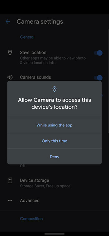 How to save location for pictures on a google pixel 4a