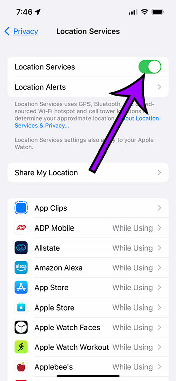Tap the button next to location services