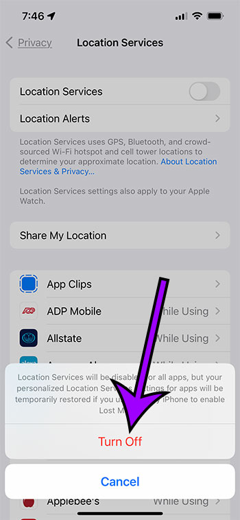 how to turn off Location Services on an iPhone 13