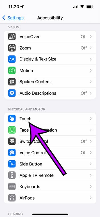 Select touch on the accessibility menu