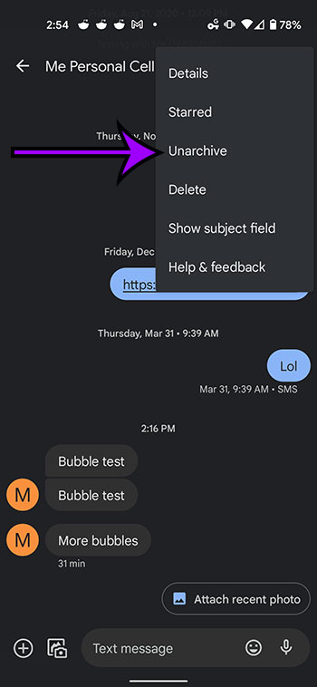 How to unarchive a text message conversation on a google pixel 4a