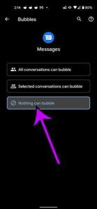 how to disable Pixel 4A conversation bubbles