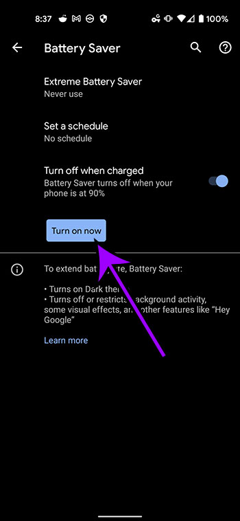 how to turn on battery saver on a Google Pixel 4A