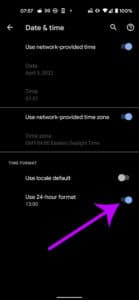 How to switch google pixel 4a to military time