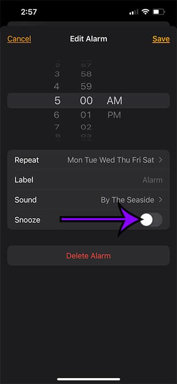 How to turn off snooze fro an iphone 13 alarm